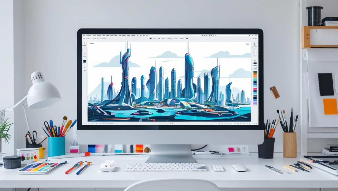 A clean, brightly lit workspace featuring a computer screen displaying a detailed illustration in progress.  The design process is evident, with various tools and palettes neatly organized nearby. The overall aesthetic is minimalist and mod